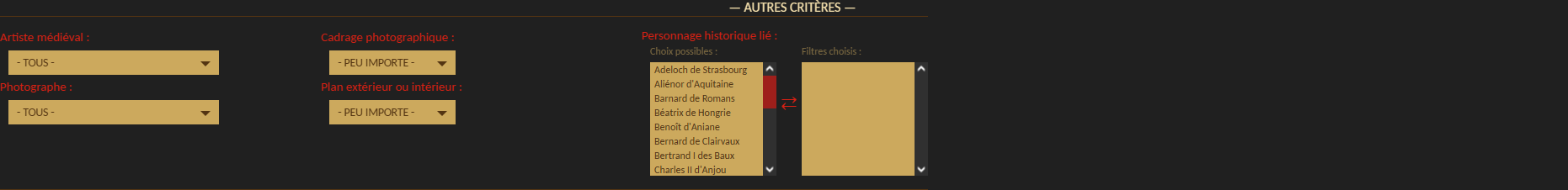 Filtre, section autres critères